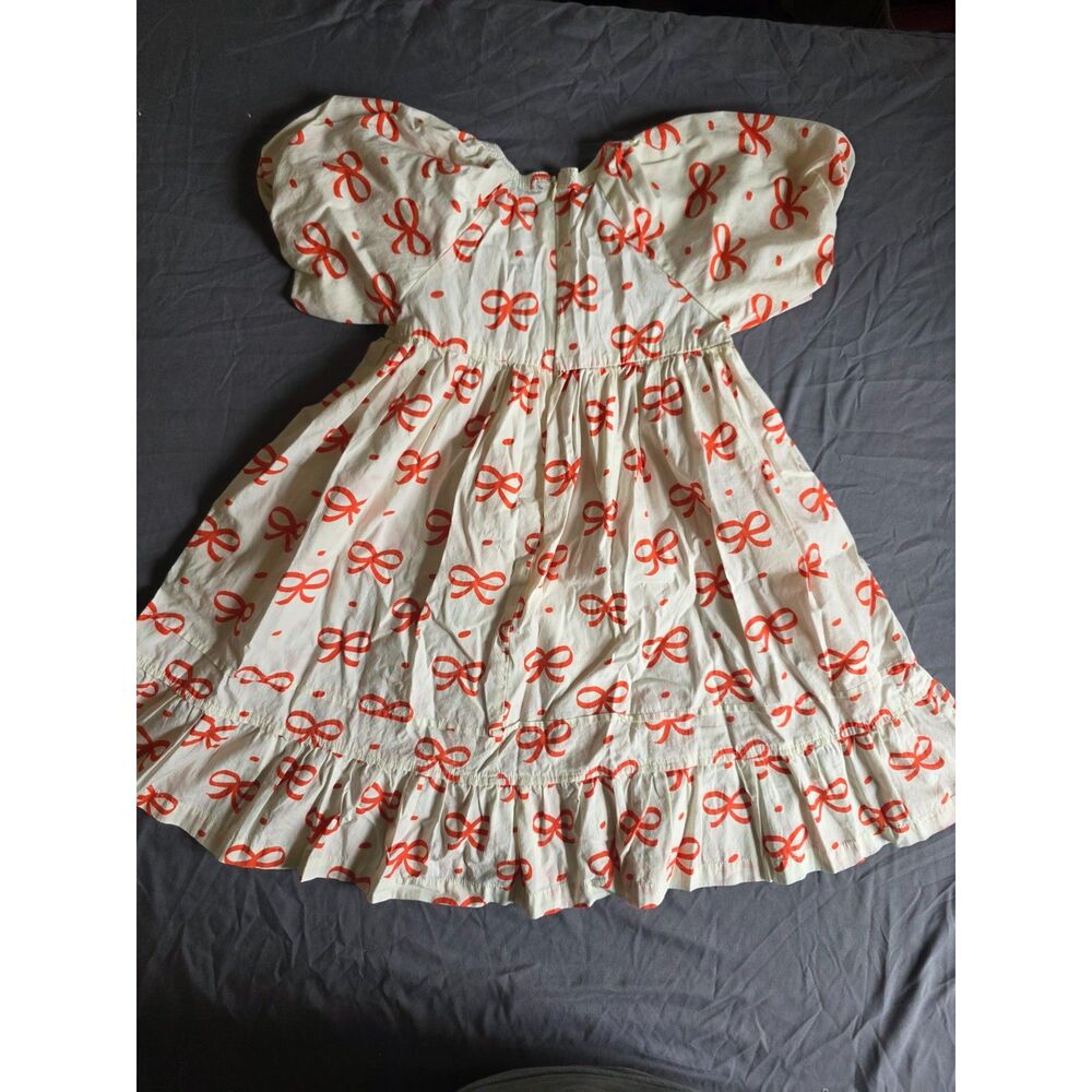 Maison Me Red Bow Print Puff Sleeve Dress Cream - Girls Size 7Y (NWOT)